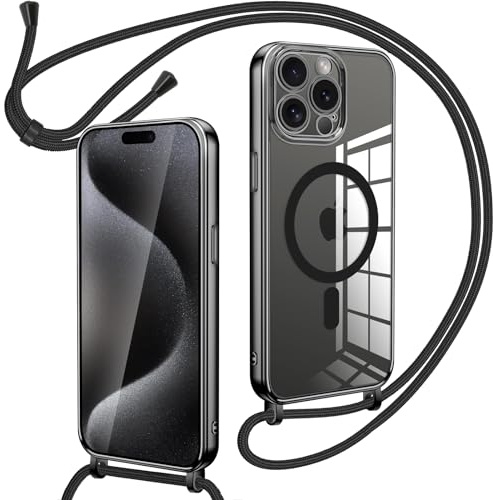 Oelrstfe Funda Transparente con Cuerda para iPhone 15 Pro MAX, Carcasa Magnética Suave Silicona Case Antichoque con Correa Colgante Ajustable Collar Correa de Cuello Cadena Cordón - Negro