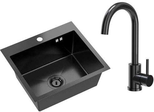 VBChome Lavello da Incasso in Acciaio Inox Con Rubinetto, 50 x 45 cm, Nero, Con Foro per Rubinetto, PVD