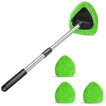 Adunsiaoto Cepillo Lavar Coches con Mango Largo, Limpiador Parabrisas Ventanas de Coche, Limpiacristales de Coche con 4 Almohadillas de Microfibra Lavables y Reutilizables, para Limpiar Cristales