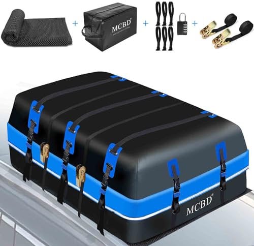 Coffre de Toit Voiture, 1132L Grand Sac de Toit Imperméable avec 2 Sangles à Cliquet 10 Sangles Renforcées 6 Crochets de Porte pour SUV Van avec/sans Barres de Toit, Bleu