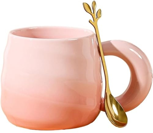 FülleMore Farbverlauf Porzellan Kaffeebecher mit Löffel 380ml große Kaffeetasse mit Henkel spiralenförmige Frühstückstasse Süße Bürotasse Milchbecher Geschenk für Mädchen Frau Oma (Rosa)