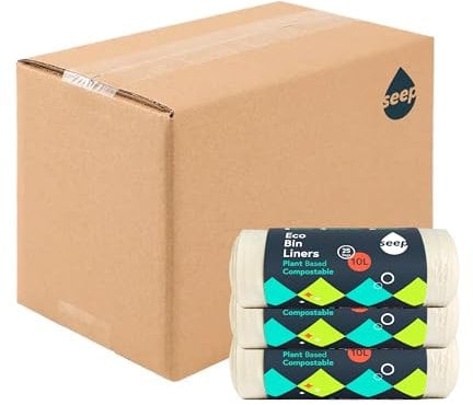 Seep Compostable 375 x 10 Litre Bin Bags - 10L Eco Friendly Bin Liners - Food Waste Caddy Liners - Biodegradable Waste Paper Bin Liners Clear | 15 Rolls
