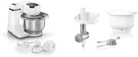 Bosch Küchenmaschine Serie 2 MUMS2EW00, Edelstahl-Schüssel 3,8 L & BakingSensation MUZS2BS, Fleischwolf, Kunststoffschüssel