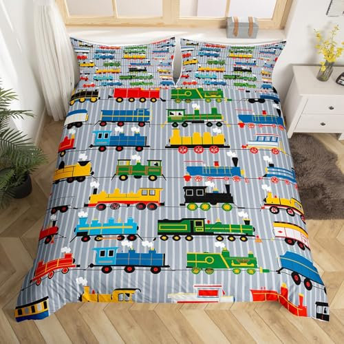 Homewish Jungen Tröster Abdeckung 135x200 Zug Bettbezug,Bunte Dampfmaschine LKW Bettwäsche Set für Kinder Mädchen Kleinkind Zug Transport Bettbezug,Grau,Blau,Rot,Gelb