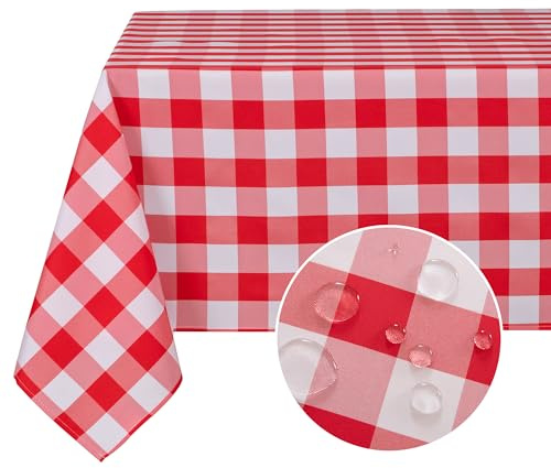 DWCN Karierte Tischdecke 130x220cm Abwaschbar Tischdecke Outdoor Wetterfest | Fleckschutz Wachstuch Tischtuch Wasserdicht Tischdecken Abwischbare für Weihnachten Garten Frühling Geburtstag,Rot und Weiß