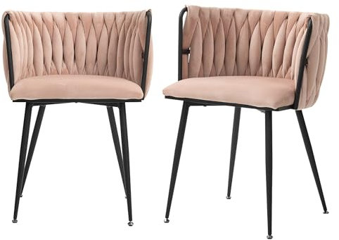 Moderner Esszimmerstuhl, Sessel, Samt Esszimmerstuhl Set mit schwarzen Metallbeinen, elegantes handgewebtes Design und weiches Kissen für Esszimmer, Wohnzimmer und Schlafzimmer (2er Set) (Rosa)