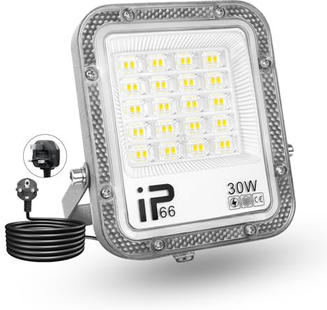 PICAA Foco de Trabajo LED Exterior de 30W, 3000LM, 6500K Luz Blanca, IP65 Luz Seguridad para Pared, Puerta, Almacén, Estacionamiento, Patio, Calles con Enchufe (1 Unidad)