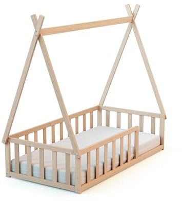 WEBABY - Bodenbett Babybett Holz 70 x 140 cm Buche Natur | Gitterbett mit Lattenrost inklusive | Schlafkomfort | Autonomie | MassivHolz | Cabane