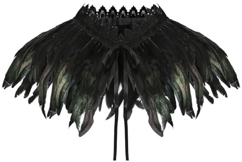 Federkragen Schwarz, Gothic Kostüm, Feder Cape, Federumhang Damen, Federschal Umhang, Feder Achselzucken, Raben Kostüm für Halloween Fasching Karneval Cosplay Maskerade