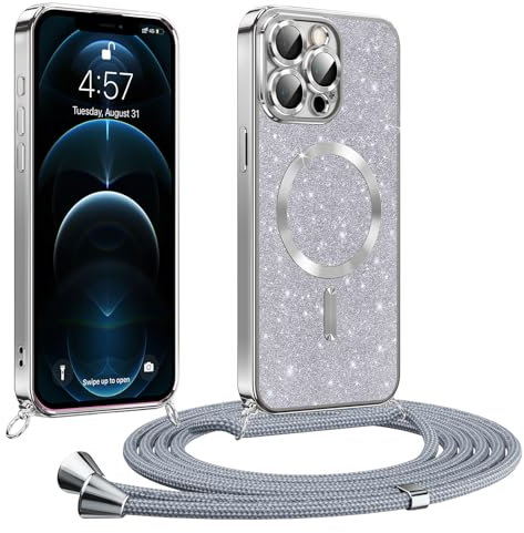 Phoona handyband Hülle für iPhone 12 Pro Max mit Band, Glitzer Handyhülle Kompatibel mit MagSafe, Ganzkörperschutz Kratzfeste Stossfest Schutzhülle mit Einstellbar Kette, Silber