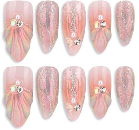 Handmade Press On Nails, ATIMORY 3D Mermaid Aura Shell Press-On Nail, Medium Long Almond Oval False Nail Tips Almond False Nails 10 Pcs Reusable with Nail Tool (S)