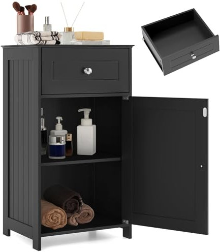 LIFEZEAL Armario de Suelo para baño, Mueble de baño, Armario con cajón y Puerta, Mueble cómoda para baño, Cocina, salón, 43 x 34 x 77 cm (Negro)