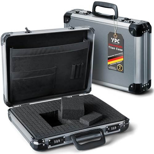 TitanCase M - Alukoffer 40x30x10 cm mit Würfelschaum, Universalkoffer, Drohnenkoffer, Pistolenkoffer, Werkzeugkoffer leer, mit Zahlenschloss, Titangrau