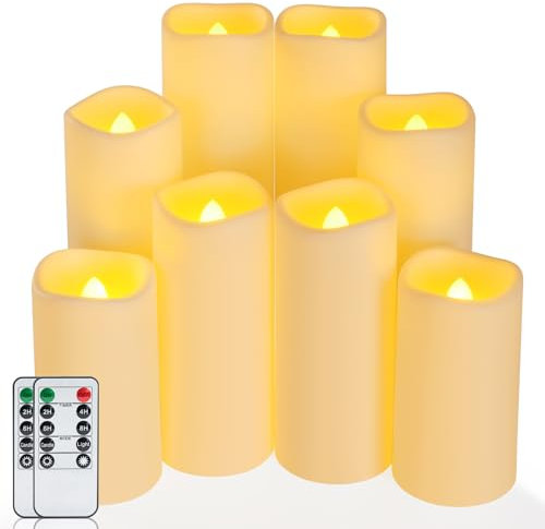 Homemory Flackernden Flammenlose Kerzen, Outdoor Wasserdicht Batterie Betriebene LED Kerzen mit Fernbedienung Timer, Elektrische Gefälschte Kunststoff-Kerzen, Elfenbein, 8er-Set