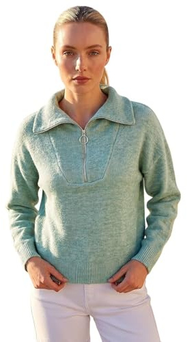 Roman Originals Collar Zip Neck Knit Jumper for Women UK - Ladies Everyday Autumn Winter V-Neckline Comfy Soft Evening Vacation Work Party Night Out
