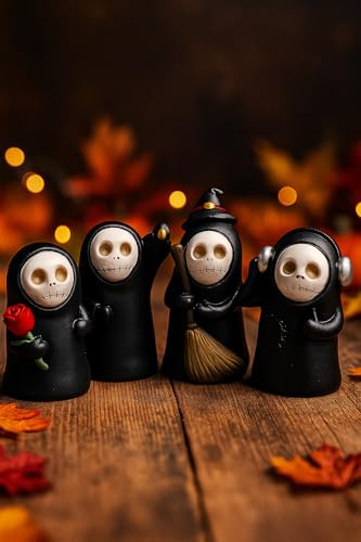 Mini Sensenmann Figuren 4er Set - Gothic Halloween Deko fürs Bücherregal