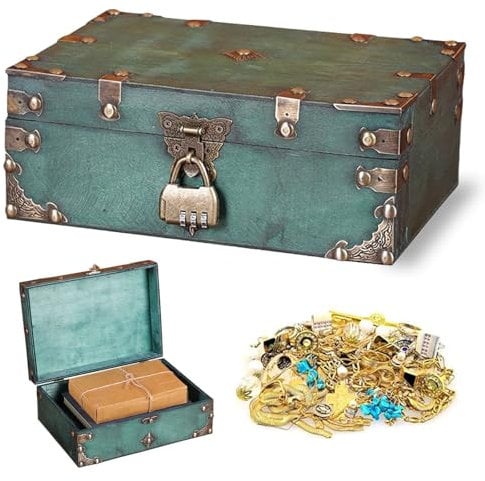 ESYFOR Schatzkiste Holz, Schatztruhe Holz mit Schloss 24 * 17 * 9.5cm Schatzkiste Kinder Vintage Groß Holztruhe mit Deckel für Aufbewahren Dekorieren Kindergeburtstag