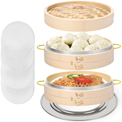 MacaRio Bamboo Steamer Basket Set 10 inch Steamer for Cooking, with Side Handles, Ring Adapter, Paper Liners, for Dim Sum Dumplings Buns Seafoods Vegetables Rice Asian Foods