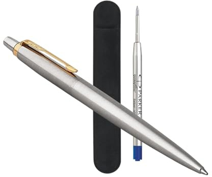 Parker Jotter GT-Kugelschreiber aus Edelstahl – Klassischer Goldrand | Bonusmine + schützender Samtbeutel | Ideales für Profis, Studenten, Büro & den täglichen Gebrauch