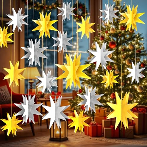 Kiiwah 12 Stücke Weihnachten Hängende Sternförmig 3D Papier Weihnachtsbaum Dekorationen, Christbaumschmuck Stern Anhänger für Weihnachten Hochzeit Home Party Winter Dekoration