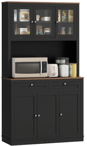 HOMCOM Credenza Cucina Alta 2 Cassetti Portamicroonde 100x40x180cm Nero | Con Armadietti, Mobile Dispensa Stretto, Ante in Vetro, Ripiani Regolabili, Soggiorno Sala da Pranzo