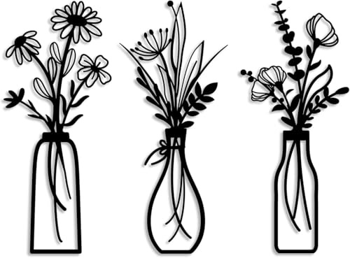 ZHXMALL 3 Stück Metall Blumen Wanddekoration,Schwarze Wandskulptur,Minimalistische in Vase,Hängende Wandkunst aus Eisen für Terrasse Wohnzimmer Badezimmer Schlafzimmer Esszimmer Küche Dekorationen