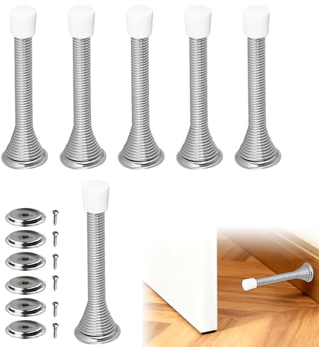 6PCS Spring Door Stops, Metal Spring Door Stoppers, Silver, 85mm | Stainless Steel Rubber Door Stopper with Anti-Slip Rubber Heads Screws Base, Long Door Spring Stops for Walls and Doors