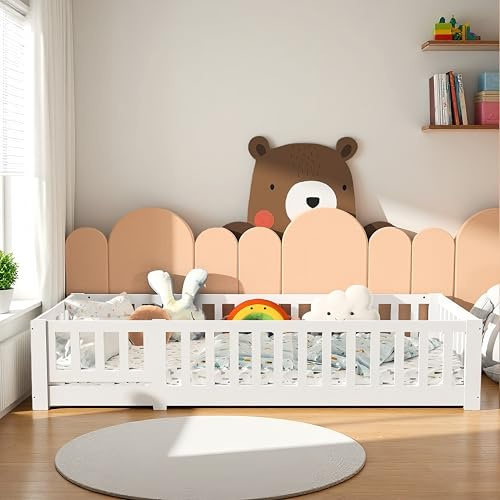 ZENTH Montessori Bodenbett, 90 x 200 cm, Kinderbett 90 x 200 cm mit Fallschutz und Lattenrost, Babybett, Bettgestell für Jungen, Mädchen und Babys (weiß, 01, 90 x 200 cm)