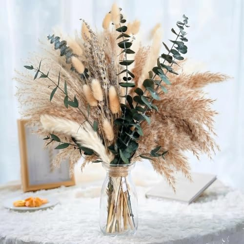 Lot de 92 Bouquets de Pampas Séchées Naturelles,Décoration en Pampas séchées,Fleurs de Queue de Lapin et Eucalyptus,Décoration Bohème pour Mariages, Fêtes,Maison et Table