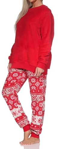 NORMANN Damen Schlafanzug lang in Norweger Optik aus kuschelig warmen Coralfleece