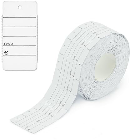 POKORNYS - 1.000 Kartonetiketten Größe / € mit Loch (30 x 58 mm) weiß I perforierte Etiketten zum Beschriften auf einer Rolle I Preisschilder mit 3 mm Lochung für Sicherheitsfäden & Heftfäden