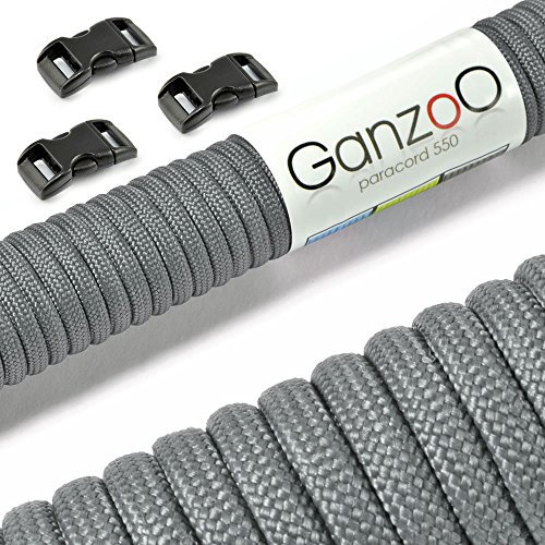 Ganzoo Set Paracord 550 Seil mit 3 x Klickverschluss 3/8“ 10mm Gurt, 4mm Schnur, 7 Kernstränge, Nylon - Polyester, Typ 3, 30 Meter, Outdoor-Schnur, Allzweckseil, Armband knüpfen, basteln