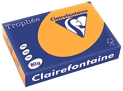 Clairefontaine 1878C - Karton mit 5 Ries Druckerpapier / Kopierpapier Trophee, Pastell Farben, DIN A4, 80g, 500 Blatt x 5, Clementine, 1 Karton