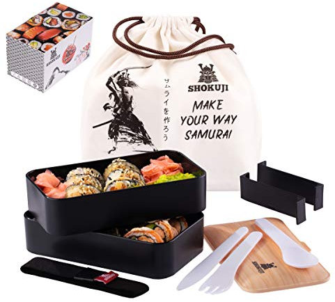 Shokuji Lunch Bento Box (1200ml) - Japanese Samurai Design BPA FREE Includes Cutlery + Sauce Box (100ml) + Bag - Leak-Proof Dishwasher Microwave Safe - Double Compartment Lunch Box for Adults & Kids
