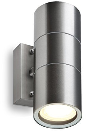 LED Wandleuchte für Innen- und Außenrund Edelstahl gebürstet 2-flammig Up & Downlight inkl. Montagezubehör und LED Leuchtmittel warmweiß wetterfest mit der Schutzart IP44 GU10-230V (Form: A1)