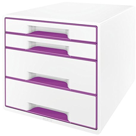 Leitz CUBE Schubladenbox mit 4 Schubladen, Weiß/Violett, A4, Inkl. transparentem Schubladeneinsatz, WOW, 52132062