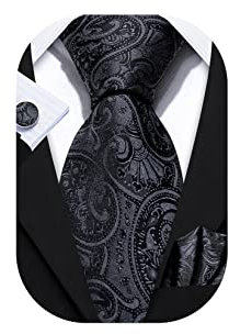 Barry.Wang Paisley Ties for Men Woven Silk Black Hanky Cufflinks Set Formal Wedding Business