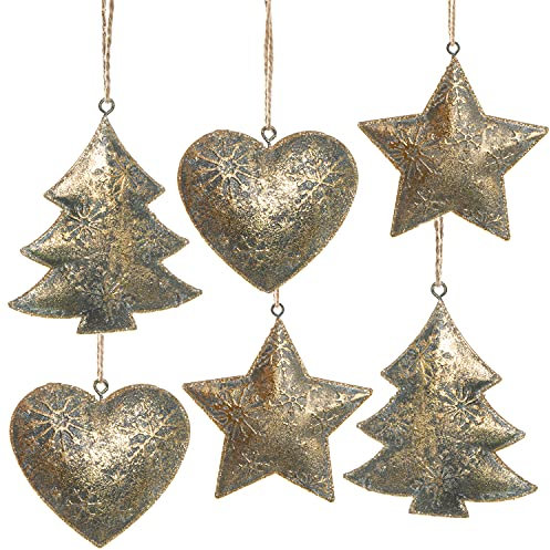 Logbuch-Verlag 6 Vintage Weihnachtsanhänger antik-Gold aus Metall Weihnachtsdeko Anhänger Weihnachten Christbaumschmuck 8-9,5 cm