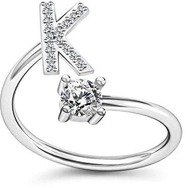 Bungsa K Ring Buchstabe - BUCHSTABEN RING silber mit Kristallen - biegbarer Fingerring/Zehenring Toering für Damen, Kinder & Herren