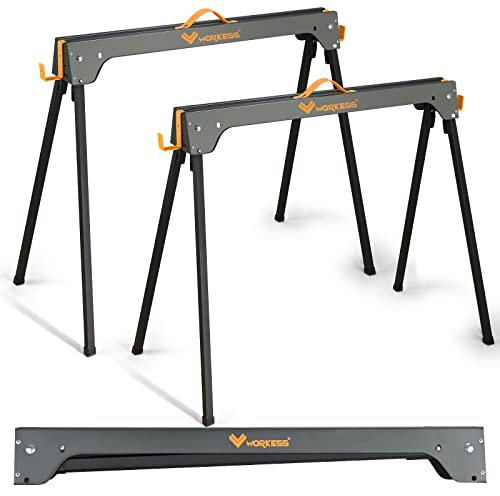 WORKESS Saw Horses 2 Pack, Heavy Duty Folding Portable Saw Horses Table 2200 Lbs Load Capacity with 2x4 Support Legs, Fast Open Legs and Easy Grip Handle for Woodworking.