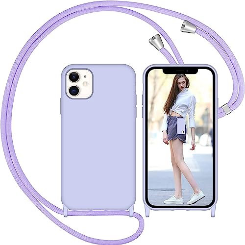 Nupcknn Coque avec Cordon pour iPhone 12/iPhone 12 Pro, Liquide Silicone Coque Collier Réglable Téléphone Étui Portable Lanyard Case Protection Complète Cover(Violet,6.1“