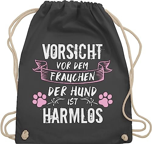 Turnbeutel Rucksack - Geschenk für Hundebesitzer - Vorsicht vor dem Frauchen der Hund ist harmlos - Grunge/Vintage - Weiß - Unisize - Dunkelgrau - hundefans geschenke tasche hundefan gassi beutel