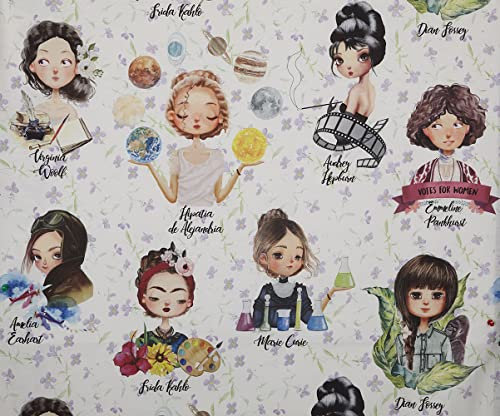 Kt KILOtela - Dekostoff Halbpanama Baumwolle, Digitaldruck, Home-Accessoires, Tischdecken, Kissen, Vorhänge, Taschen, 100 cm Länge x 280 cm Breite, Pionierfrauen, Mehrfarbig, Beige - 1 Meter