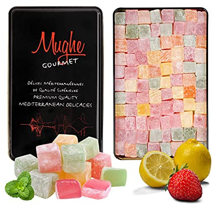 Mughe Gourmet Türkische Delight Süßigkeiten, elegante Zinnbox - 750g - Halal, vegan - Lokum Fruchtgeschmack: Rose, Erdbeere, Zitrone, Orange, Minze - Geschenk für besondere Anlässe, Geburtstage