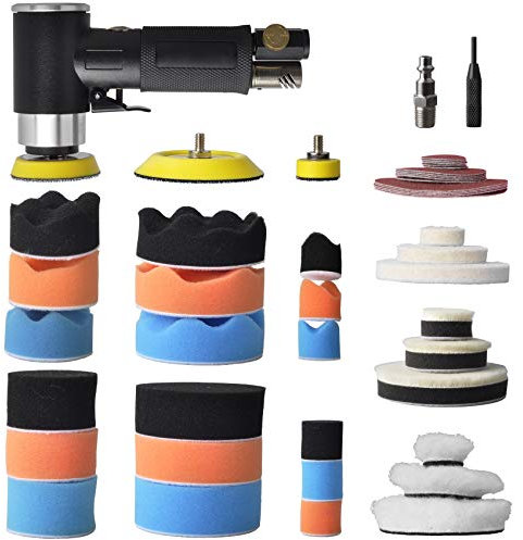 TOOLPEAK 48 Pcs mini random orbital air sander kit, high-speed mini air sander polisher, Includes 1-inch and 2-inch and 3-inch polisher pad kit polishing sponge & wool pads sandpapers, sander kit