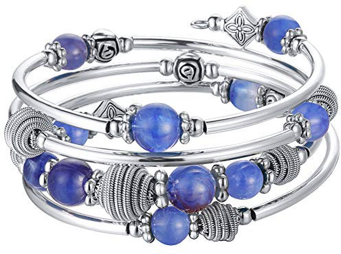 Bulinlin Silber Wickelarmband mit Naturstein Perlen Boho Mehrschichtiges Damen Armbänder Geburtstags Modegeschenk für Frauen(Blue)