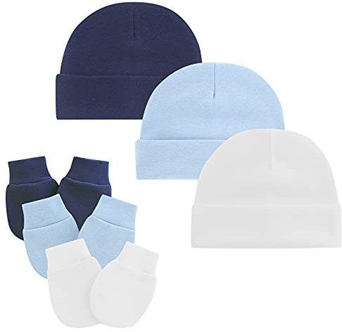Durio Neugeborenes Babymütze und Kratzfäustlinge Set Baumwolle Beanie Hut Handschuhe Unisex Mütze Baby Mädchen Jungen für 0-6 Monate 3er Set Weiß Hellblau und Navy