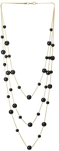 COOLSTEELANDBEYOND Gold Weiß Statement Halskette Drei Stränge Lange Kette mit Schwarz Perle Perlen Anhänger, Abendkleid Elegante
