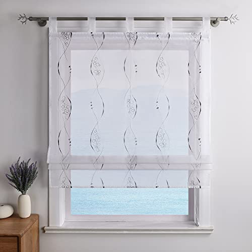 ESLIR Raffrollo mit Schlaufen Gardinen Küche Modern Raffgardinen Transparent Schlaufenrollo Bestickt Vorhänge mit Stickerei Grau BxH 140x140cm 1 Stück