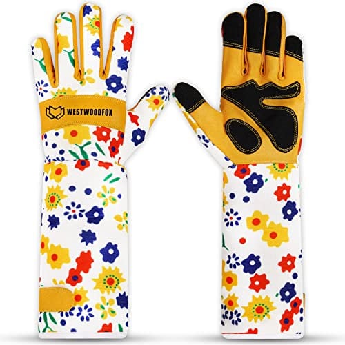 WESTWOOD FOX Leather Gardening Gloves Long Forearm Protection Sleeves Thorn Proof Work Gloves Rose Pruning Garden Safety Breathable Durable Thick Palm Gauntlet Gift for Men and Women (Yellow, L)